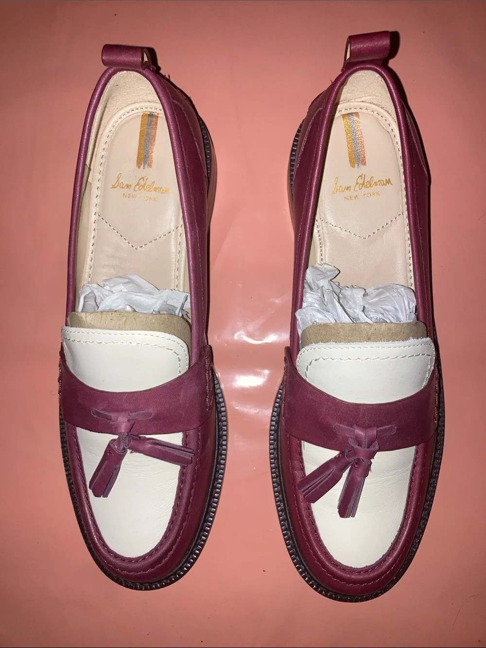 Two-Tone Tassel Loafers in Burgundy and White - Picture 1 of 6